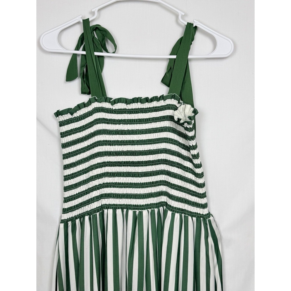 Summersalt Silky Luxe Smocked Maxi Dress Green White Stripe Tie Shoulder L - Picture 2 of 13